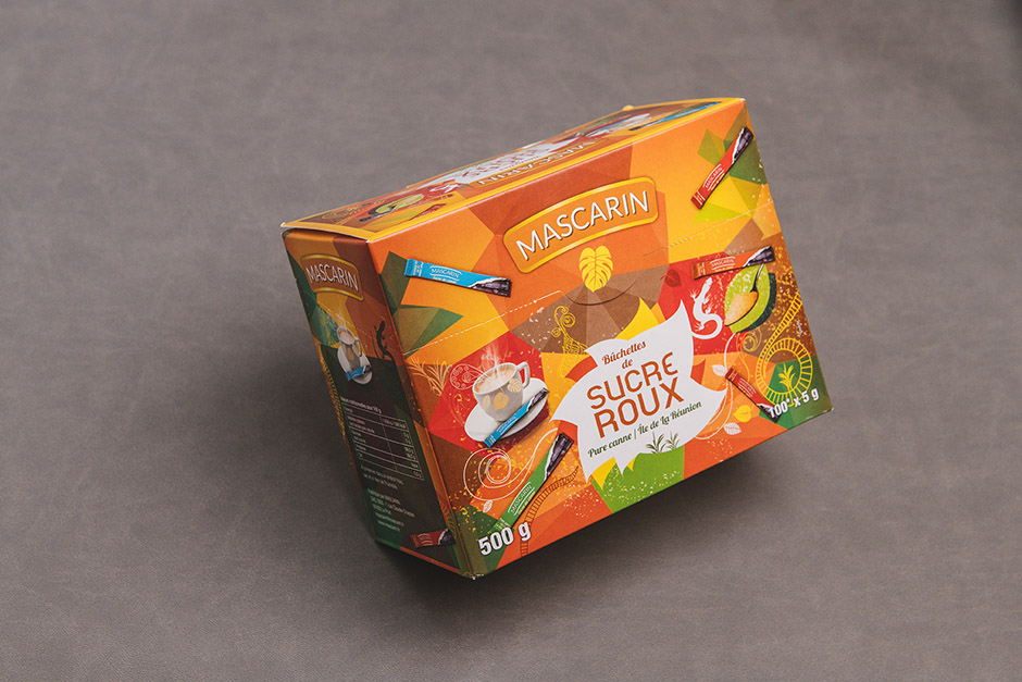 Sucre Roux Mascarin packaging, printed by Précigraph